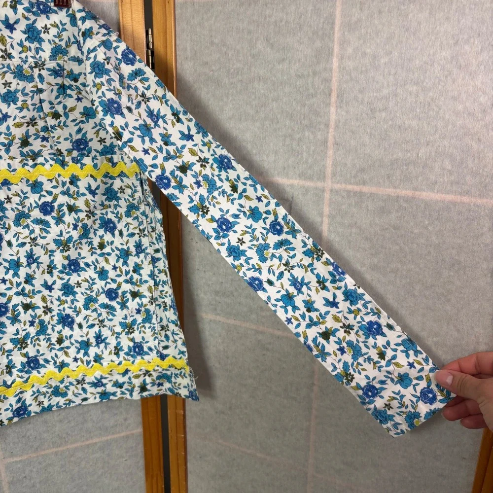 Handmade Floral Half‎ Apron Blue White Yellow Rick Rack Trim Pockets Vintage